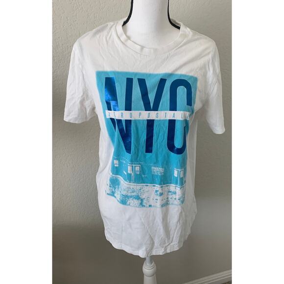 AEROPOSTLE NYC SHORT SLEEVE T-SHIRT, WOMENS, LARGE, WHITE, BLUE NYC GRAPHIC - Picture 1 of 8